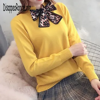 

2019 New Spring and Autumn Women's Butterfly Knot Scarf Knitted Shirt Female All-match Sweet Pullover Sweater Casual Knitwear