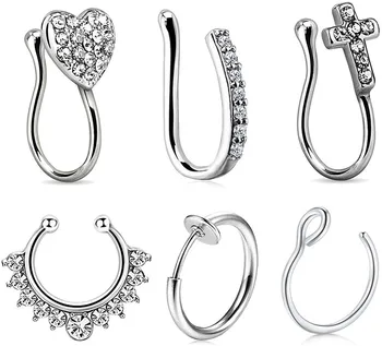

6Pcs nose ring fake inlay artificial perforated fake nose ring spring clip on the hoop without piercing nostril ring female men
