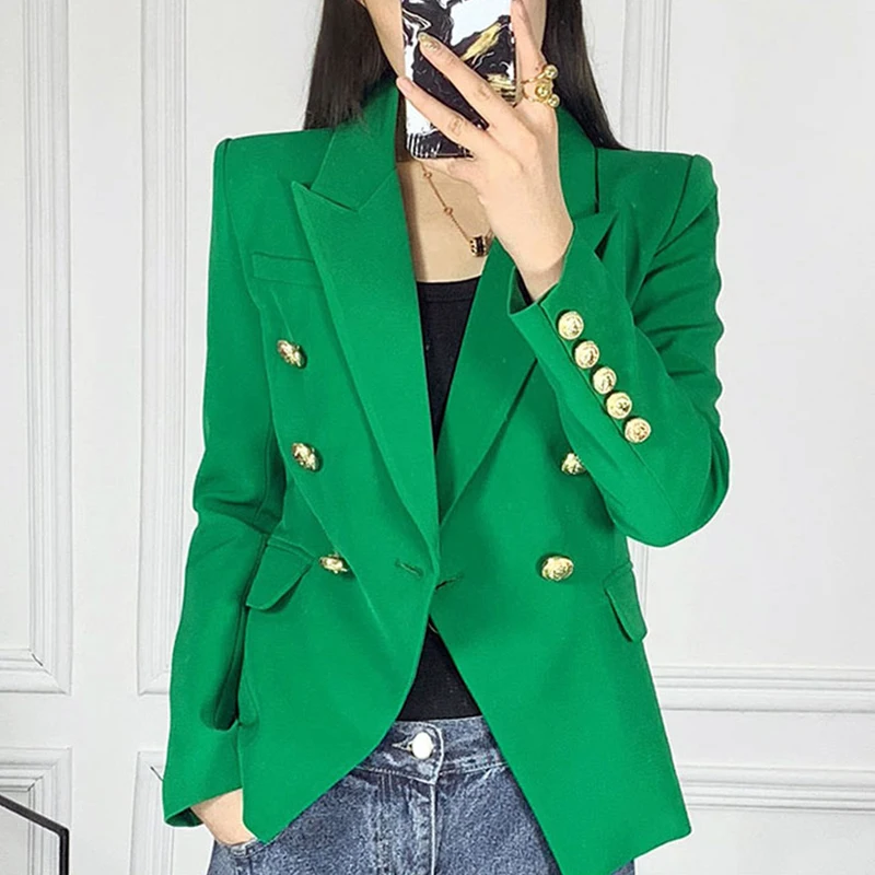 Green Women Blazer Metal Doublebreasted Button Buckle Slim Office Lady
