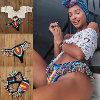 

Hand Crochet Bikini Set Women summer boho Sexy cover up Elastic tassel shorts beach Swimwear festival clothing