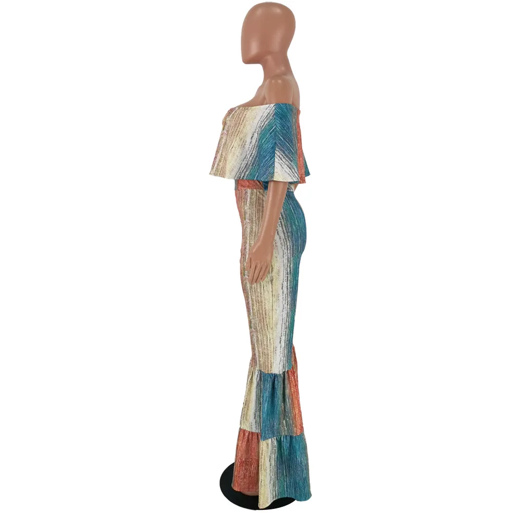 Gradient Printed Stripes Slash Neck Jumpsuits Ruffles Cap Sleeves Fashion Flare Bottom Long Pants Party Rompers