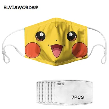

ELVISWORDS Cute Cartoon Pikachu Design Kids Girls Boys Mask Breathable Reusable Mouth Cover Mask with 7pcs Filters mascarilla
