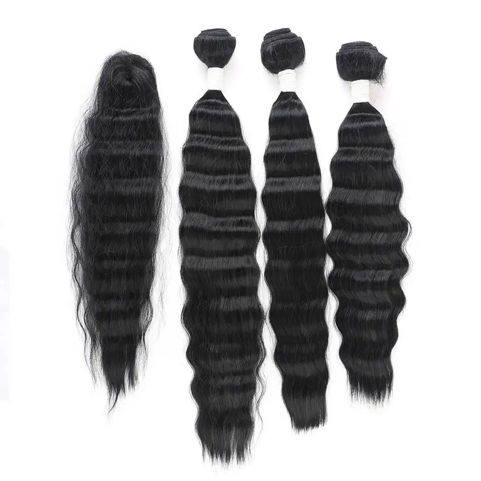 Синтетические пучки волнистых волос 1"-20" 1B# для наращивания волос 3 шт. с 1 шт. верхнее кружево Закрытие