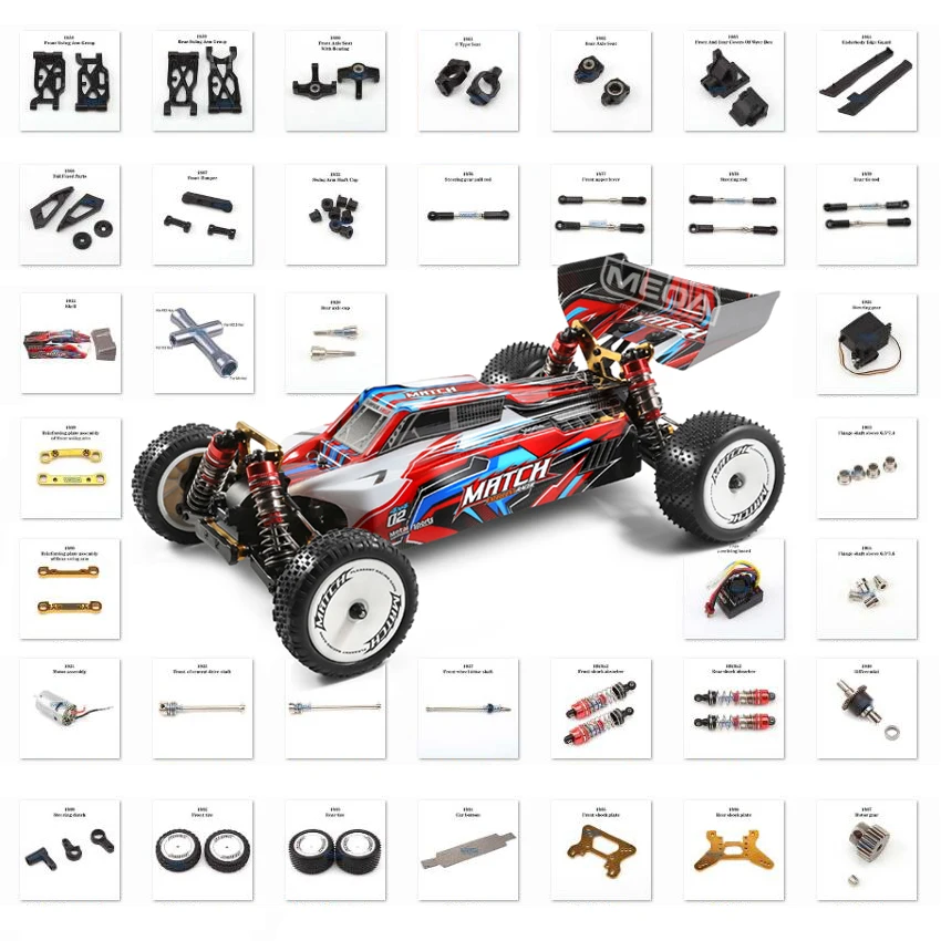 엔진부품 WLtoys 104001 1/10 RC 자동차 예비 부품: 스윙 암 C 시트, 차동 차량 하단 모터 감속 기어, 충격 흡수 타이어