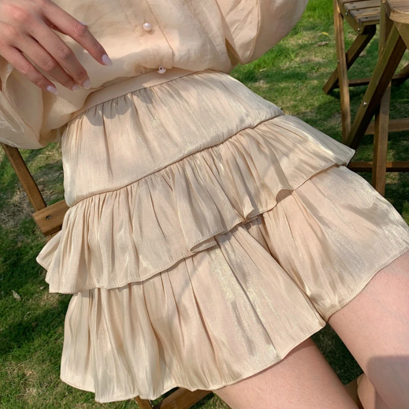 Летняя шелковая короткая юбка цвета металлик женские Супер милые многослойные