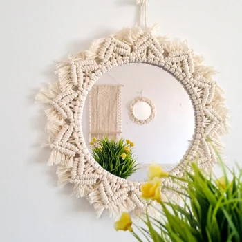 

Macrame Mirror Handmade Makeup Mirror Lighted Compact Wall Tapestry Home Porch Mirrors For Home Makeup Bath Room