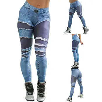 

Women Yoga Pants Imitated Ripped Jeans Women High Waist Yoga Sports Leggings Push Up Skinny Pants for gym sports Ripped jeans