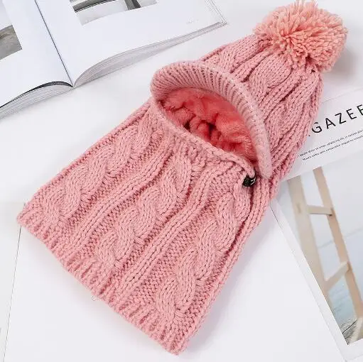 pink Женская теплая шапочка, шапка для верховой езды, зимние шапки, зимняя женская вязаная шапка, шарф, набор, помпон для волос, модная шерстяная утепленная шапка, воротники - Цвет: pink