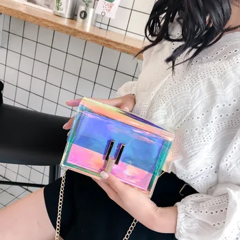 

Summer small square bag 2020 new wave of female Korean wild Messenger chain bag transparent jelly bag mini laser Bright