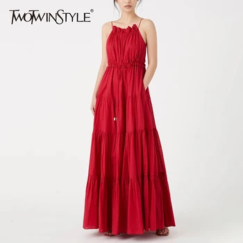 

TWOTWINSTYLE Ruffles Party Dresses Women Square Collar Spaghtti Strap High Waist Ruched Dress Female Fashion Clothing 2020 Tide