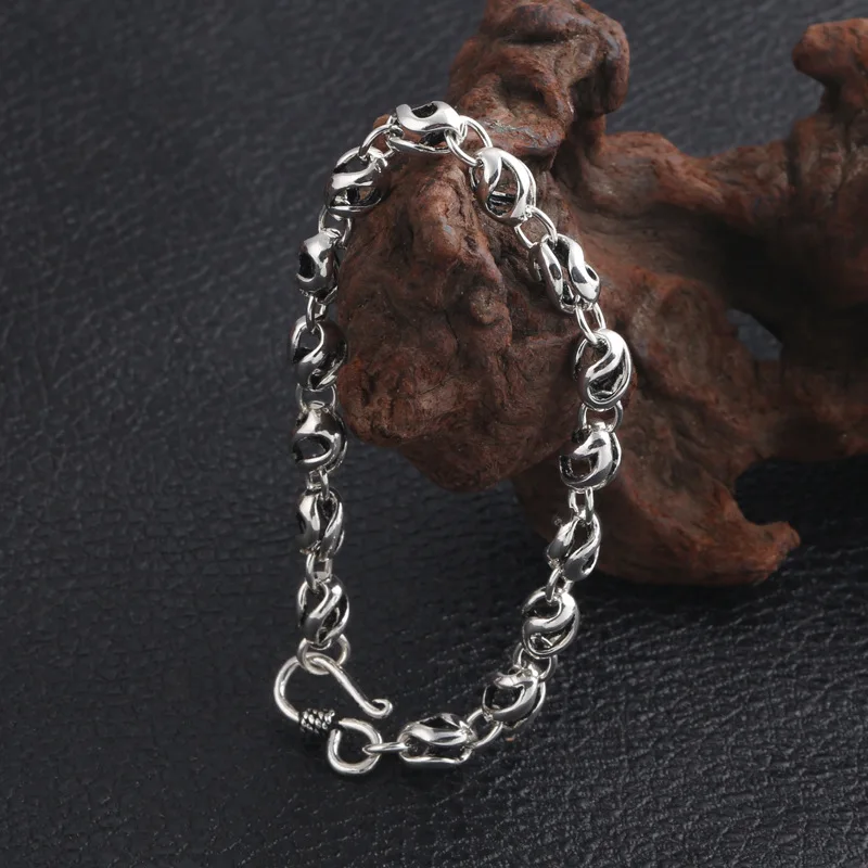 

S925 Fine Silver Wrist Charm Thai Silver Hollow out Circle Fashion Bracelet Men's Women's Retro Cool Accessories