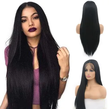 

RONGDUOYI Black Wig Silky Straight Synthetic Lace Front Wig for Women Glueless Heat Resistant Ladies Hair Middle Part Baby Hair
