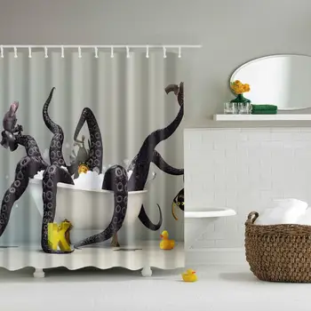 

Waterproof Thicken Polyester 3D Grey Shower Curtain Octopus in the Bathtub Mildew Proof Bath Tub Curtain with 12 pcs Hooks