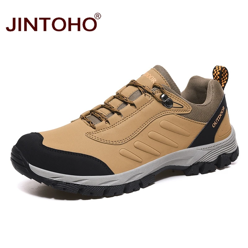brown JINTOHO, Спортивная мужская походная обувь, зимние кожаные кроссовки для мужчин, уличные походные ботинки, альпинистские горные ботинки, треккинговые ботинки - Цвет: brown
