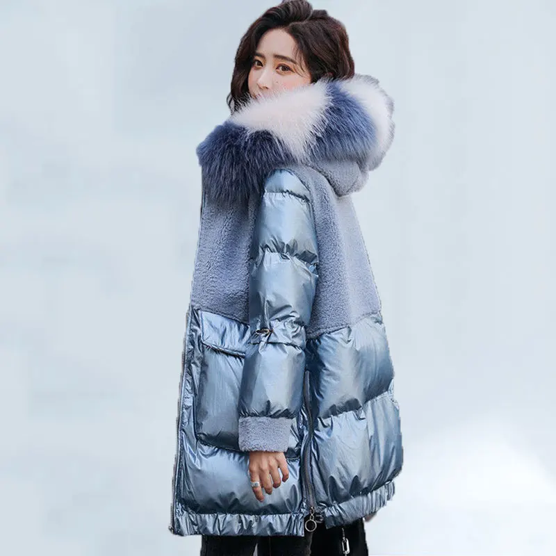 

Spliced Women's Winter Jacket Imitation Lamb Wool Mid-length 2020 Thick Shiny Blue Winter Hooded Jacket Patchwork Warm Jackets