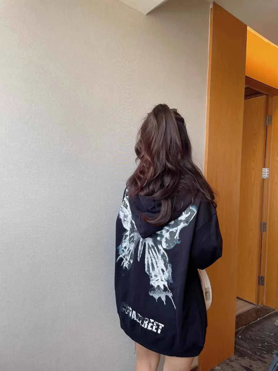 Women's Y2K Retro Dark Gray молния бабочка с капюшон Sweatshirt 90s Harajuku Punk Gothic Zip Up Hoodie Long-sleeved Loose Jacket