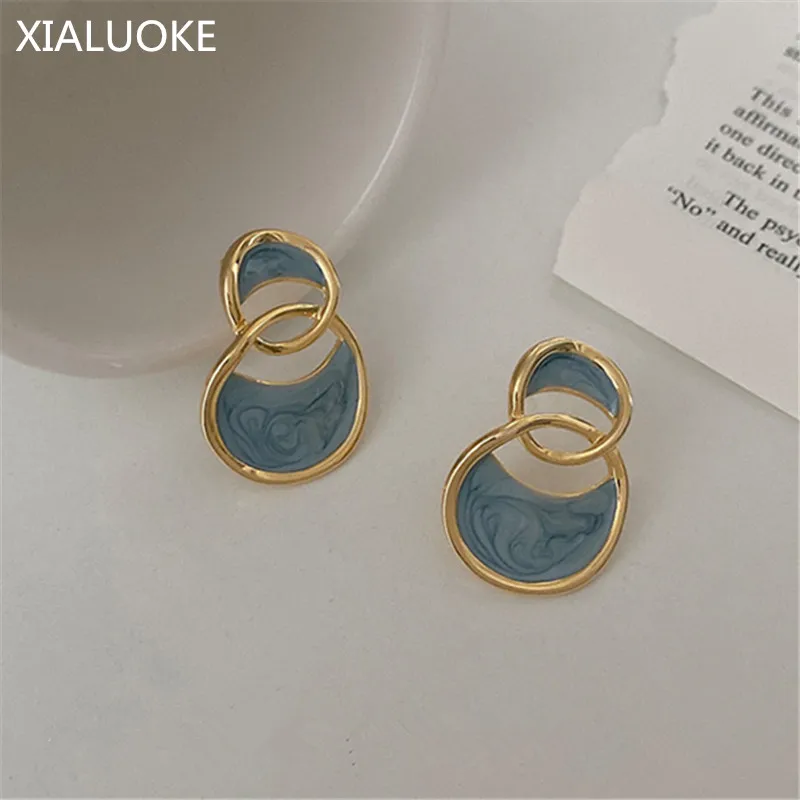 XIALUOKE новые стильные металлические круглые голубые серьги с эмалью и глазурью