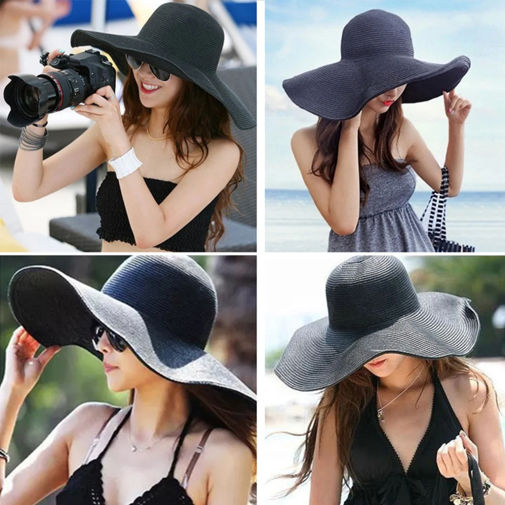 Hawaiian Summer Beach Floppy Hat Solid Color Women Wide Brim Straw Sun Cap