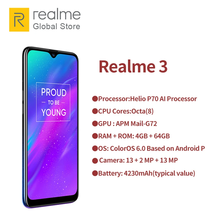 Глобальная версия OPPO realme 3 4 ГБ ОЗУ 64 Гб ПЗУ Helio P70 AI процессор 6 22 &quotDewdrop дисплей ColorOS