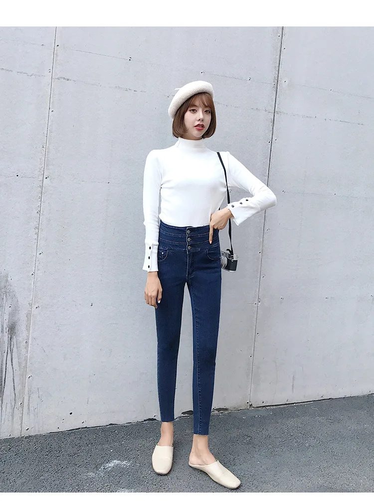 WOMEN'S Jeans Autumn And Winter plus Velvet Ultra High Waist Skinny Pants Women's Slim Fit Korean-style Jeans Black And White wi