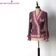 Женская короткая твидовая куртка с пуговица с жемчугом и кисточками с v-образным вырезом весенние карманы Повседневная Осенняя Тонкая Повседневная куртка с длинными рукавами