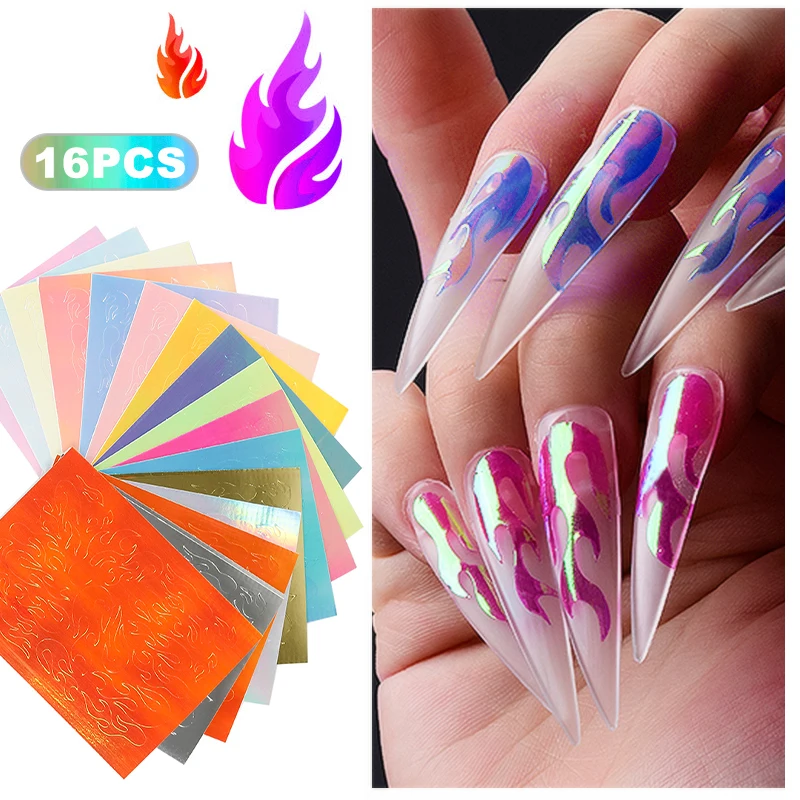 

16/1 PCS Holographic Fire Flame Nail Vinyls Stencil Hollow Stickers Fires on Manicure Stencil Stickers Nail Art Decoration