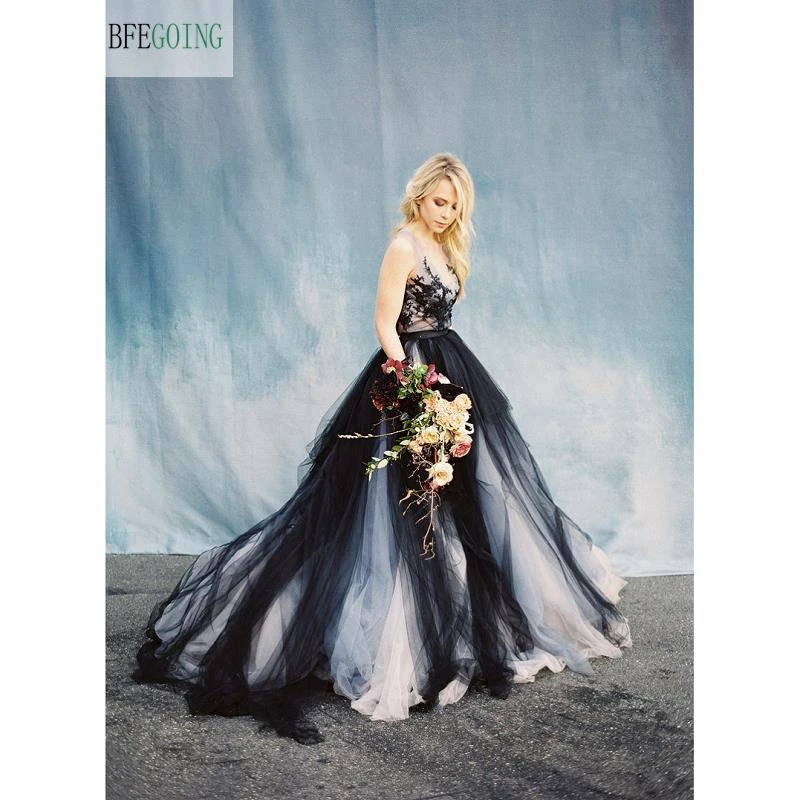 Черный Кружевной Тюль v-образным вырезом без рукавов длиной до пола ТРАПЕЦИЕВИДНОЕ свадебное платье Часовня поезд на заказ