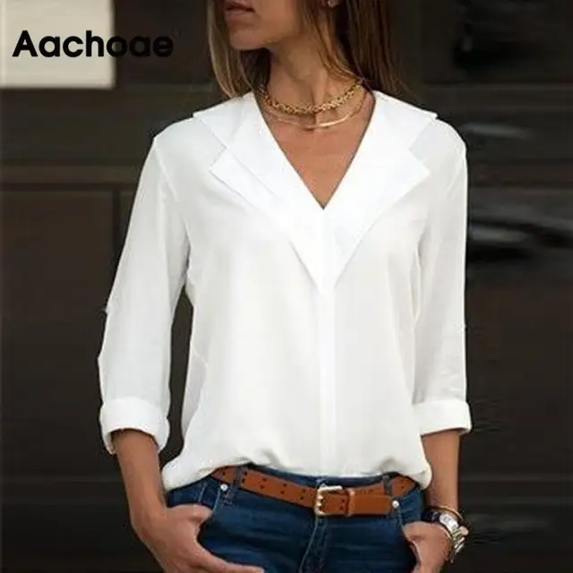 US $7.03 White Blouse Long Sleeve Leisure Blouse Double V-neck Women Tops and Blouses Solid Office Shirt Lad