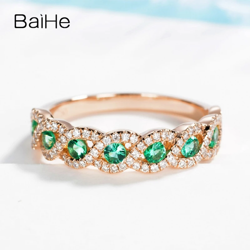 Baihe Real Solid 14K Rose Gold Natural Emerald Diamond Ring Women Trendy Party Fidanzamento Gioielleria Raffinata Anillo Esmeralda Muslimah