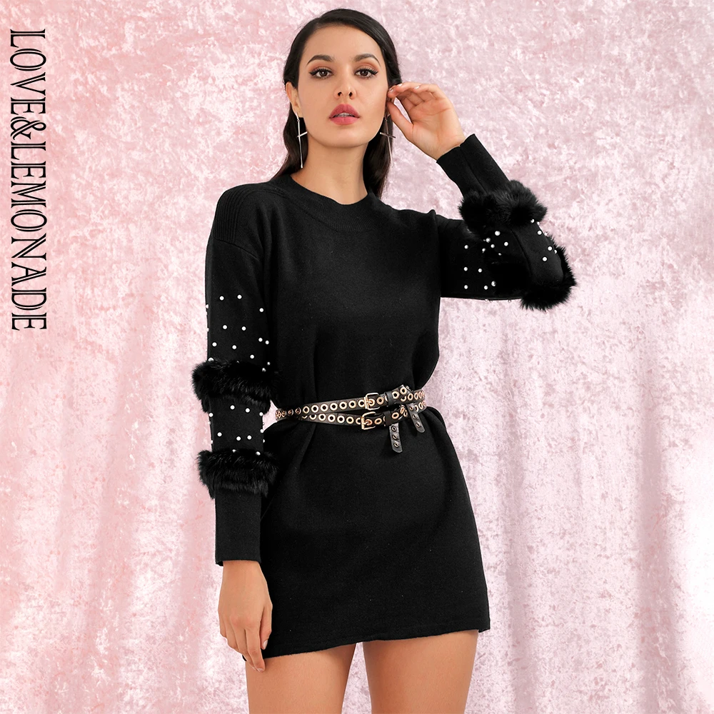 

LOVE&LEMONADE Black Round Neck Pullover Feather Beaded Trim Loose One Size Long Sweater LM90086 Autumn/Winter