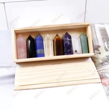 

1set Wooden box gift box High quality Decorative Natural Hand Carved crystal points quartz wand pillar