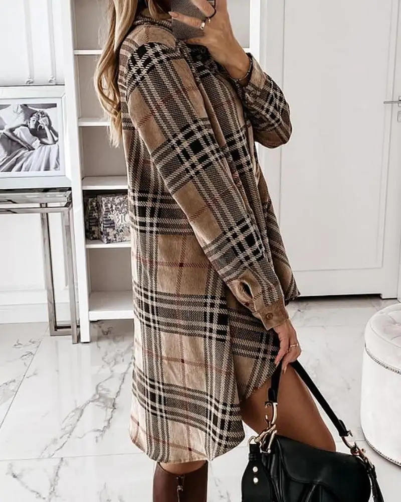 Elegant Turn-down Collar Button Shirt Dress Women 2021 Spring Plaid Print Irregular Party Dress Autumn Long Sleeve Mini Dresses