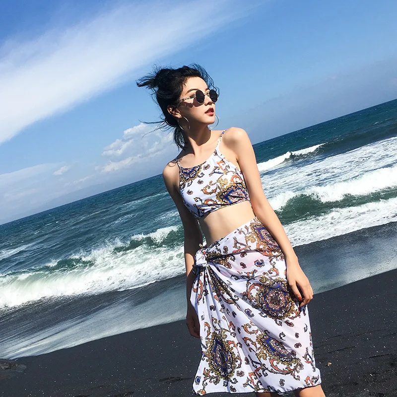 

Betis Baroque Bathing Suit Women's Conservative Three-piece Set Hot Springs Split Type-Belly Covering Small Bust Gathering Bubbl