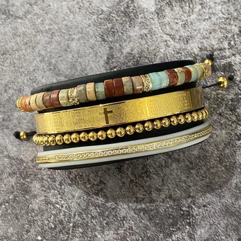 High Quality Luxury Cross Stainless Steel Bangle CZ Pave Charm Handmade Macrame Friendship Bracelet Set Men Jewelry Gift