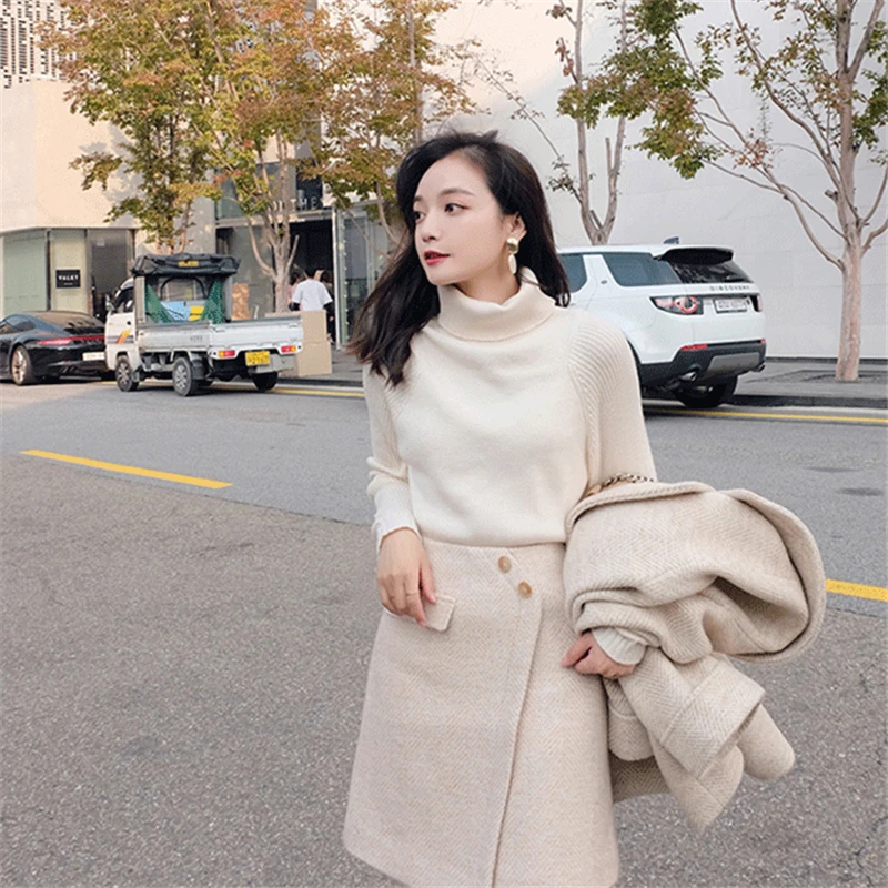 dressy pant suits to wear to a wedding Elegant Faux Wool Jacket And Skirt Set Solid Color Double Breasted Women Manteau Coat New Autumn Winter Woolen Two-piece  Skirt special occasion pant suits