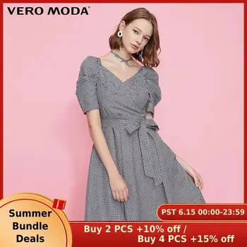 

Vero Moda Women's 100% Cotton Vintage Plaid Budded Sleeves Low-cut V-neckline Dress | 31926Z555