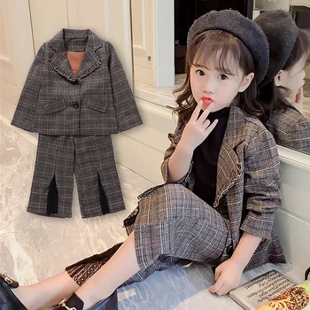 

Ruffles Plaid Blazer Jacket +Lace Patchwork Pants Children Two Piece Suits Elegant Teenager Business Wear Kid Girls Clothing Set