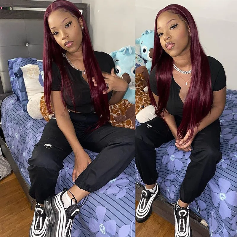 99J Straight Human Hair Bundles With Lace Front Brazilian Burgundy 13x4 Lace Front With Bundles 10A Remy Hair Extension HairUGo