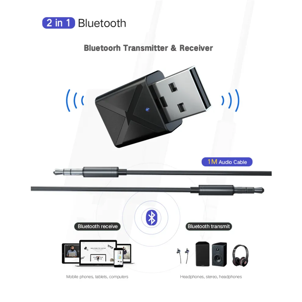 Bluetooth Adapter 2 in 1 Bluetooth 5.0 Audio Receiver Transmitter for TV PC A2 Car Kit