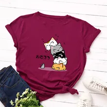 

100% Cotton Women Cartoon Cats Summer Short Sleeve Print Lady T-shirts Top T Shirt Female Casual Lovely Graphic Tee T-Shirt