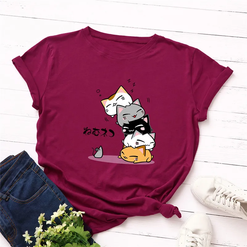 Женские летние футболки из 100% хлопка с принтом мультяшных кошек женские коротким