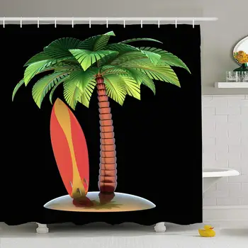 

Shower Curtain Set with Hooks 66x72 Surfboard Palm Freedom Tree On Island Area Sun Paradise Black Beach Miscellaneous Tropical