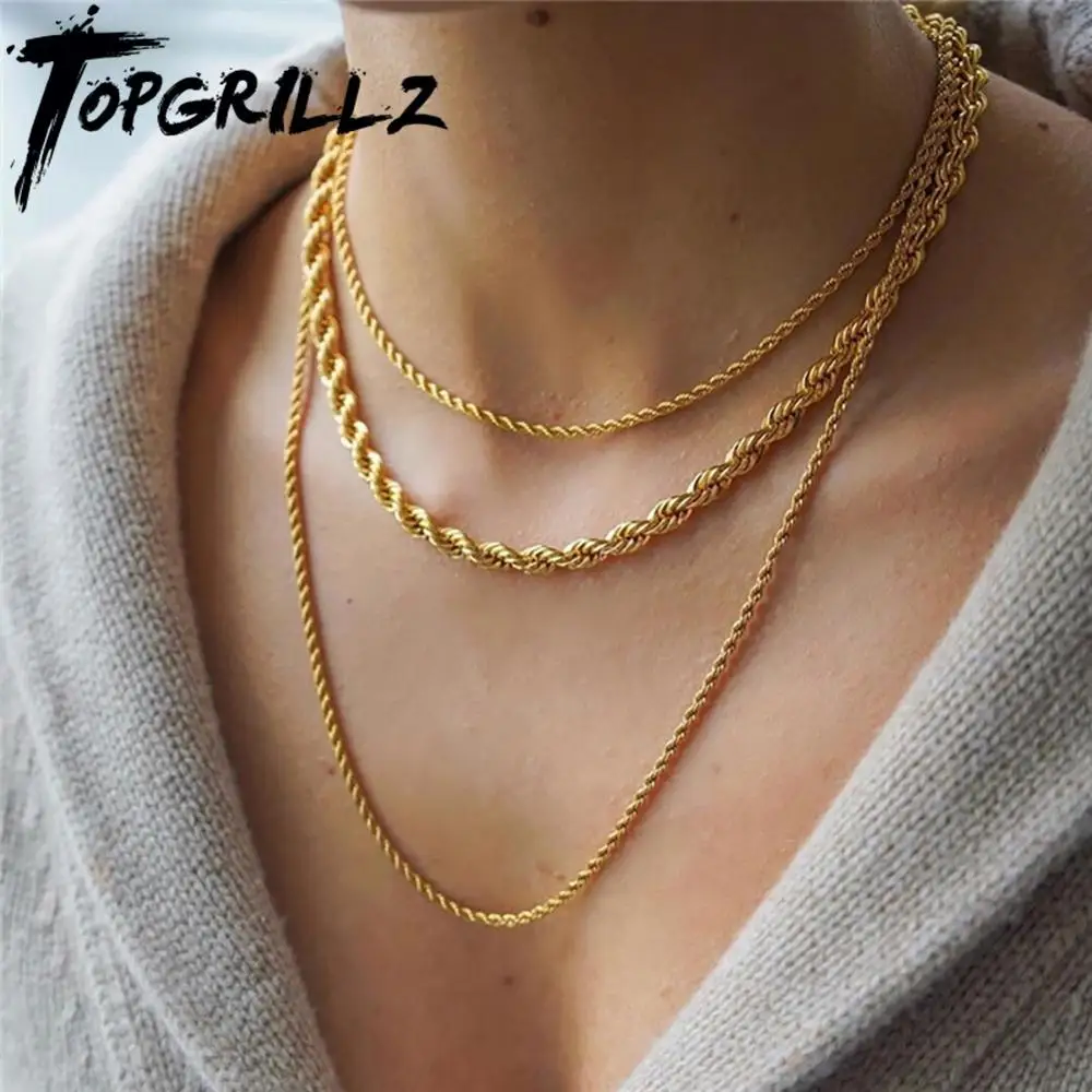 TOPGRILLZ Hip Hop Rapper's Chain 3mm/5mm/7mm 18" 20" 24" Gold Silver Color Stainless Steel Rope Link Fashion  Jewelry For Women