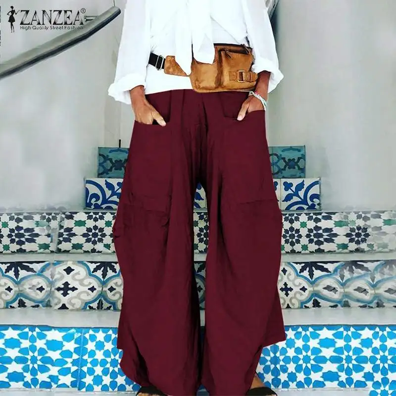 Najtaniej 2019 Plus Size ZANZEA kobiety na co dzień stałe elastyczne kieszenie w pasie Party długie Harem spodnie szerokie spodnie Led pantalony szata Femme