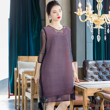 

Plus Size Dress 2020 Women Spring Fashion Mesh Beading Round Neck Three Quarter Sleeves Loose Dress for women's weight 45-75kg
