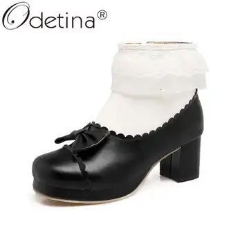 

Odetina Women Ruffles Sewing Winter Round Toe Bow Ankle Boots Lady Block High Heel Lace Side Zipper Platform Mixed Colors Lolita
