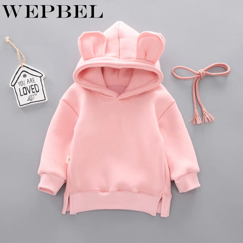 WEPBEL/детский Одноцветный флисовый свитер с капюшоном для маленьких мальчиков и девочек; толстовка с капюшоном и объемными ушками; топы; одежда