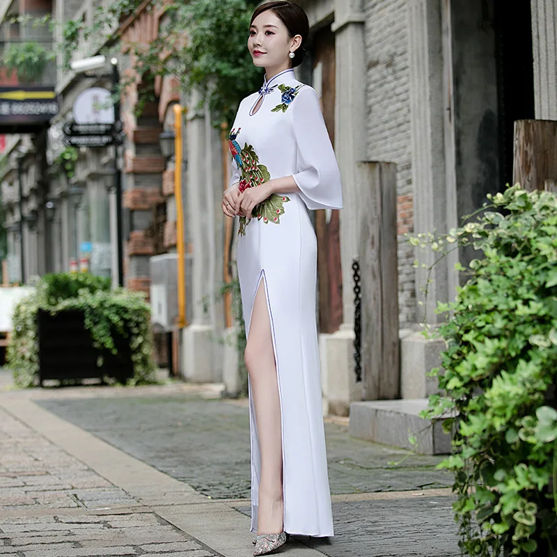 Плюс размер 3XL 4XL 5XL Китайская традиционная Женская Русалка Вышивка цветок Qipao Винтаж Cheongsam Новинка китайское торжественное платье
