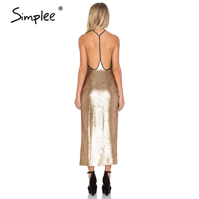Женское праздничное длинное платье Simplee с золотыми блестками рождественское без