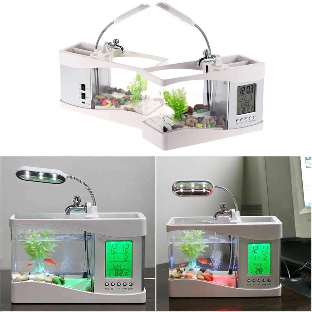 Mini USB Backlight LCD Desktop Lamp Light Fish Tank Aquarium with LED Clock Light Backlighting alarm clock calendar with Pebbles